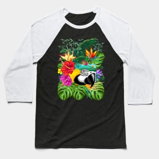 Blue Macaw Parrot Floral Portrait coming out of Exotic Jungle Baseball T-Shirt